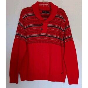 Nautica Men's Size XL Red/Gray Nordic Fair Isle Shaw Collar 2 Button Sweater